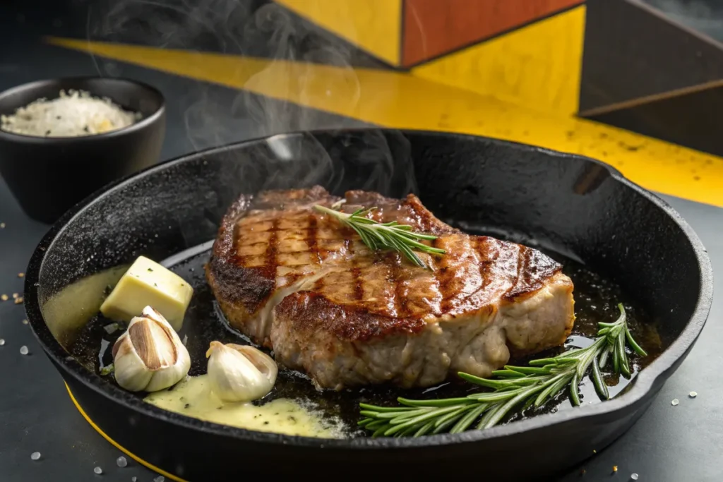A grilled steak sits in a cast iron skillet with garlic cloves, rosemary, and melted butter.