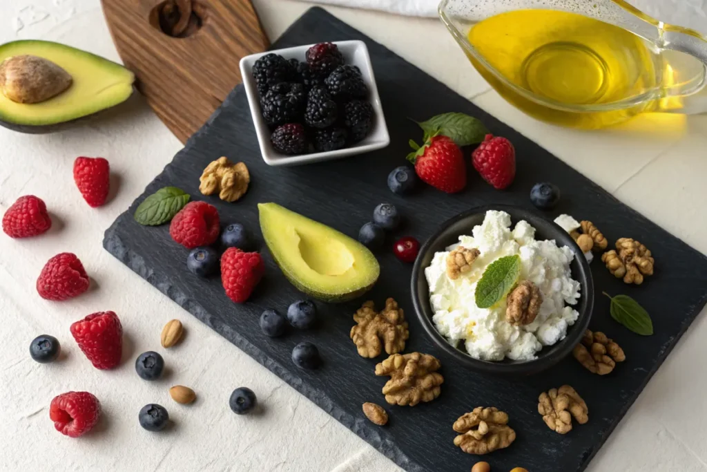 A slate tray displays fresh cottage cheese, berries, avocado, walnuts, and a glass of oil.