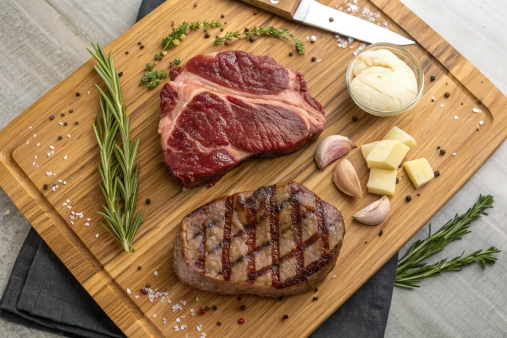 Two cuts of steak, one seared and one raw, are presented on a wooden cutting board with herbs, spices, cheese, and garlic.