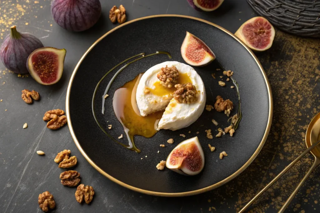 A round of goat cheese drizzled with honey and topped with walnuts is served on a black plate with fresh fig wedges.