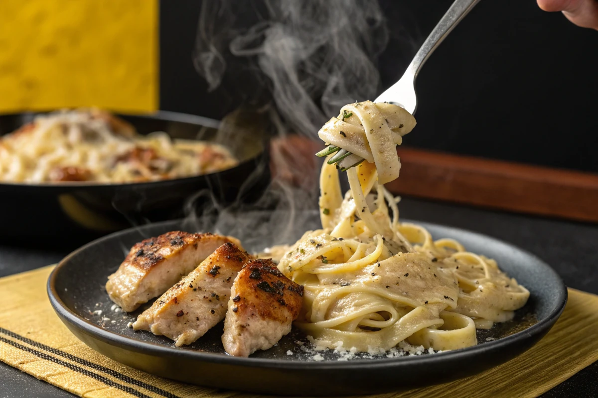 Steaming hot pasta with alfredo sauce and sliced grilled chicken on a black plate.