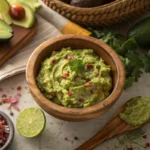 A wooden bowl of guacamole sits on a table surrounded by ingredients like avocados, tomatoes, cilantro, and tortilla chips.