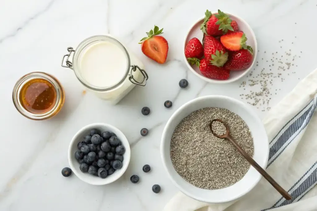 Ingredients arranged on a white marble countertop, including almond milk, honey, and fresh fruit
