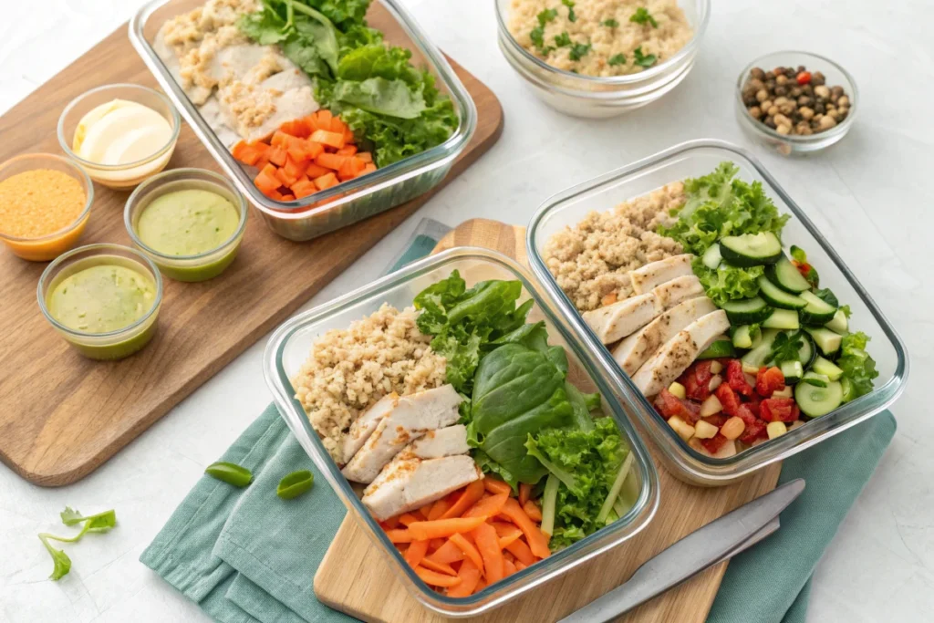 Three glass meal prep containers are filled with cooked quinoa, sliced chicken breast, and various chopped vegetables.