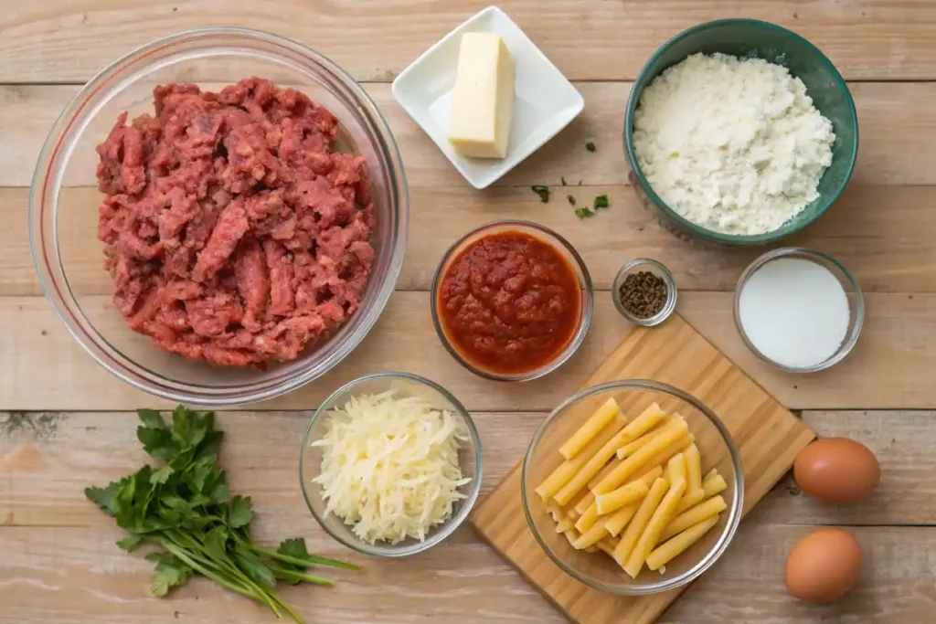 Ingredients for baked ziti recipe displayed on a rustic wooden table.