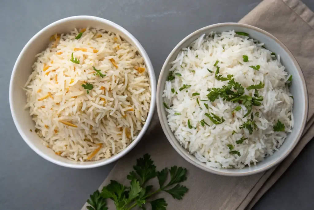 Basmati rice with long grains and golden hues next to white rice with shorter, whiter grains, served side by side