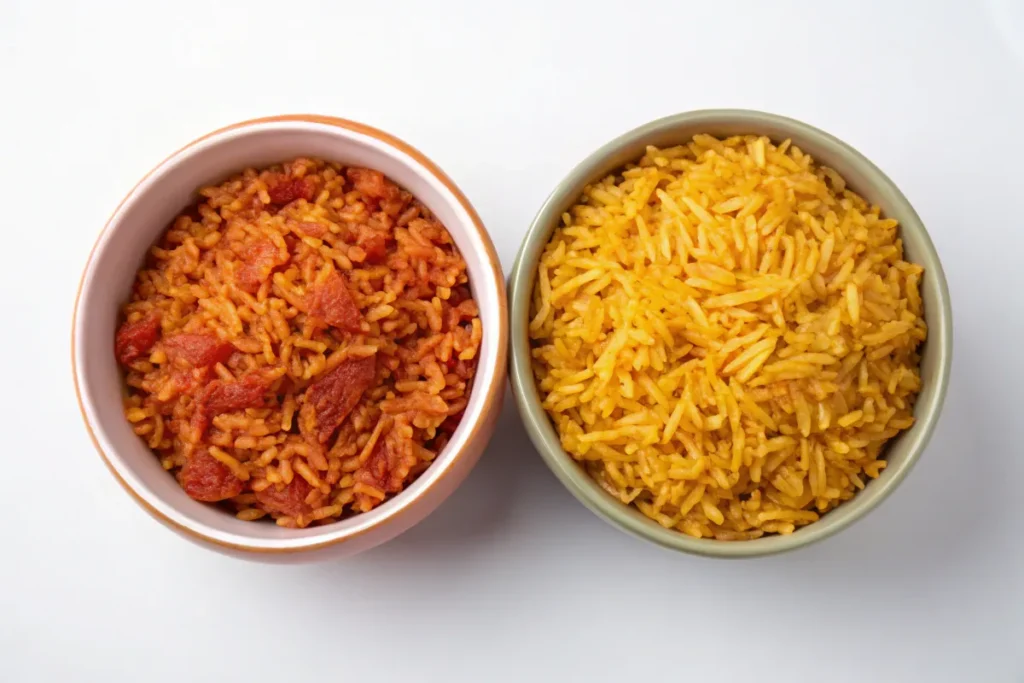 Mexican rice with a reddish hue and Spanish rice with a golden-yellow color, served side by side in bowls