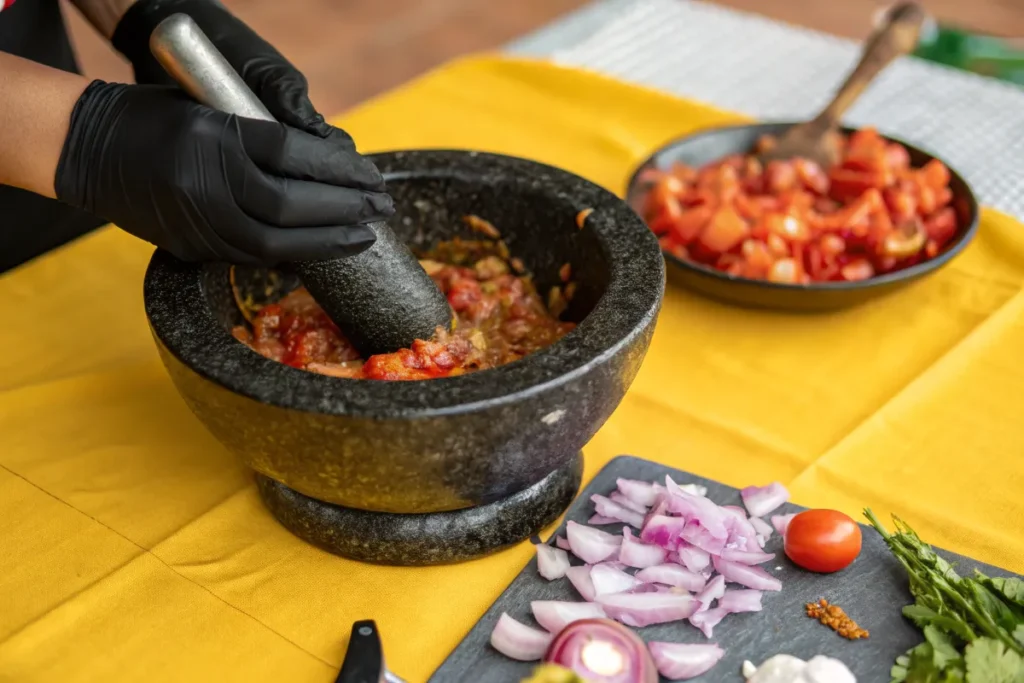 Gloved hands use a pestle to grind ingredients in a mortar.