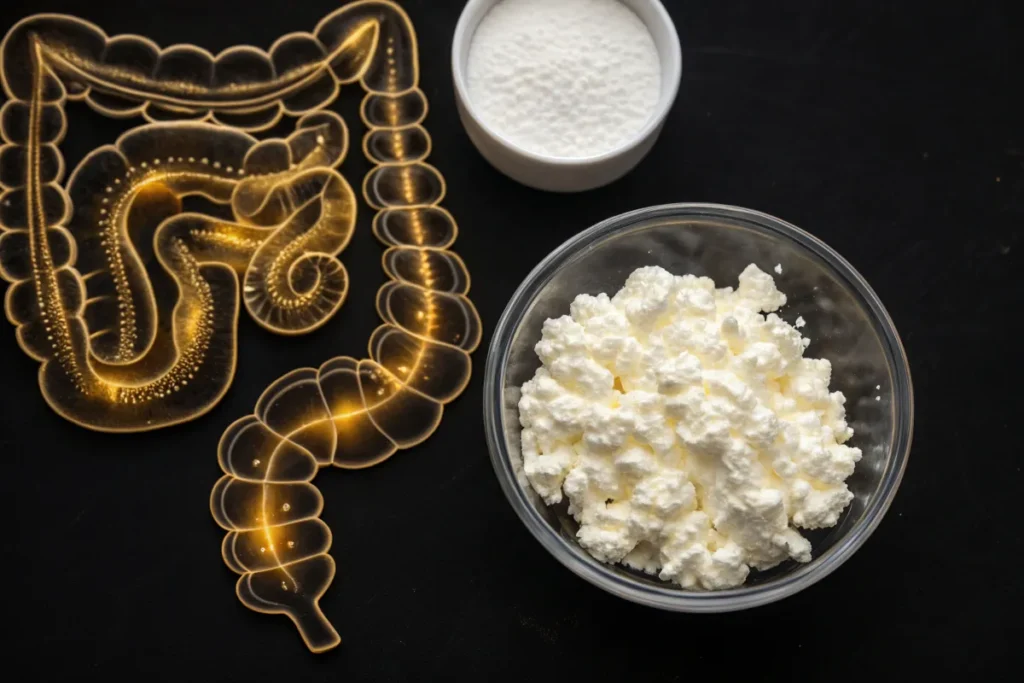 A transparent anatomical model of the human intestines lies on a black surface next to bowls of cottage cheese and a white powder.