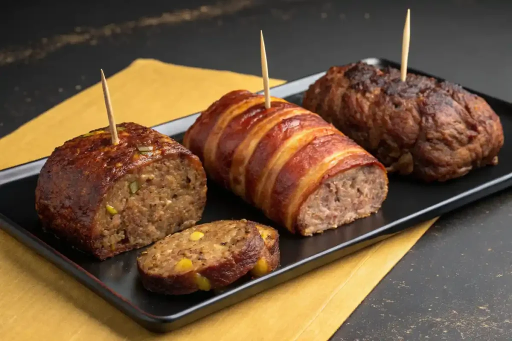 Three variations of meatloaf: classic loaf, bacon-wrapped, and mini skewers arranged side by side