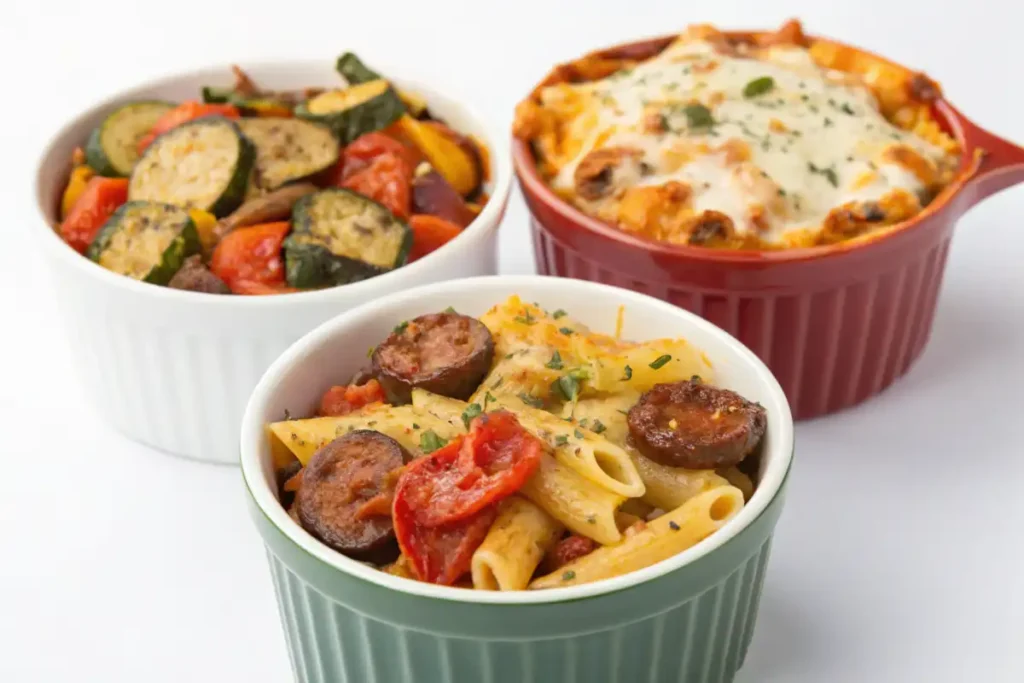 Three baked ziti variations in ramekins: veggie, spicy, and extra cheesy.