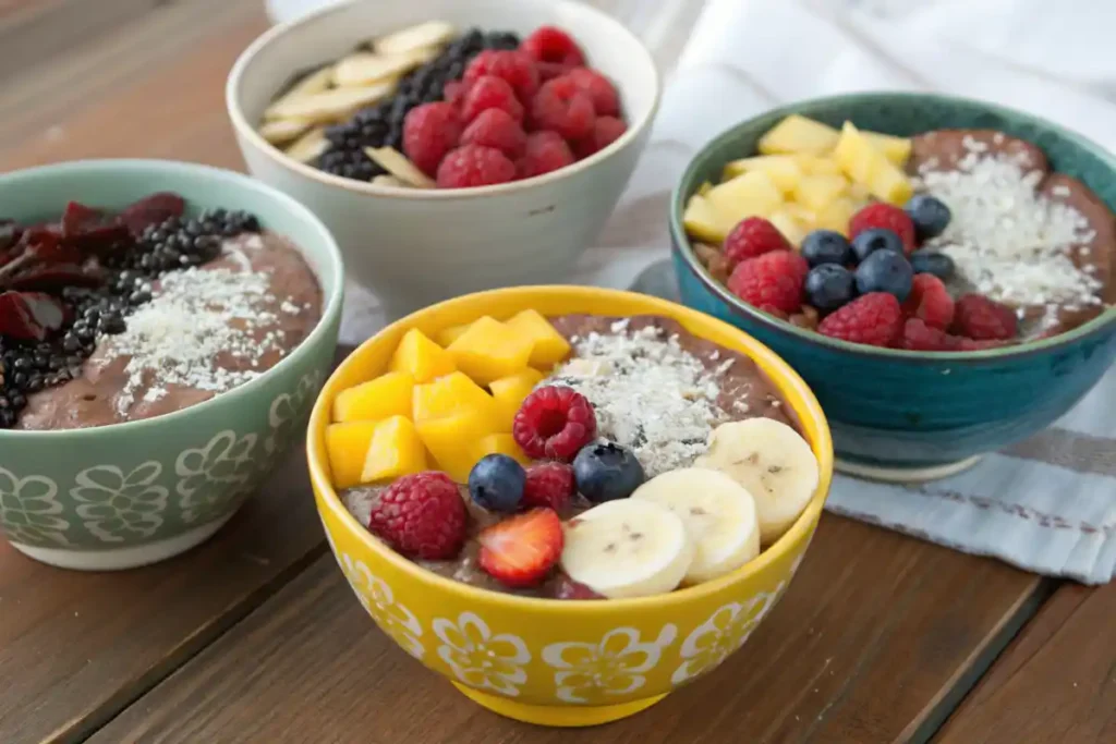 Three variations of chia seed pudding with chocolate, berries, and mango toppings