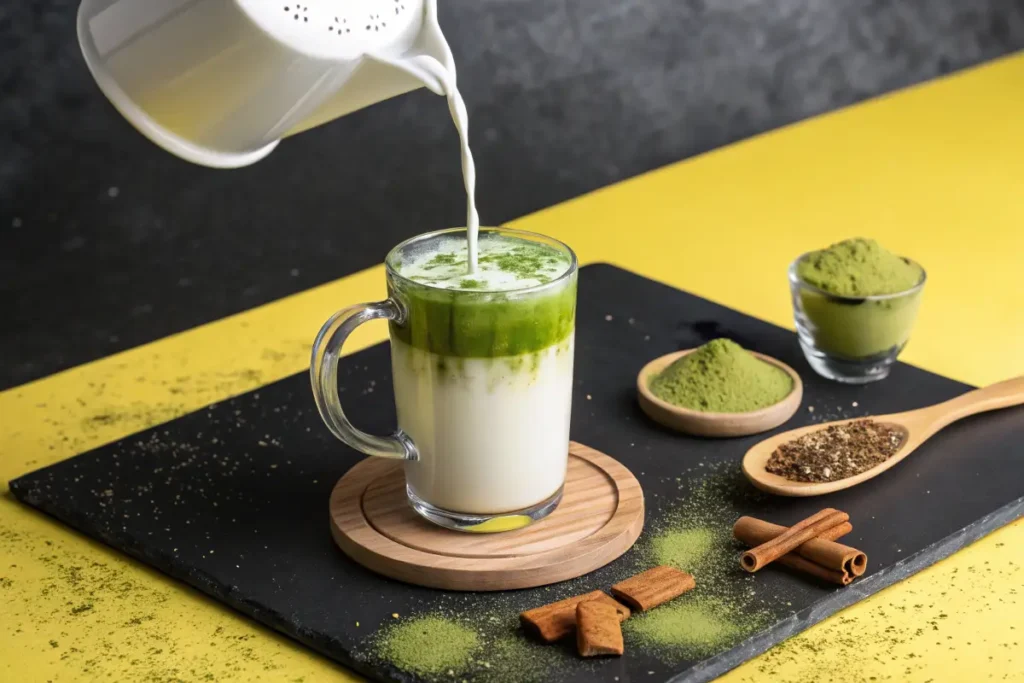 Milk is being poured into a glass mug containing 