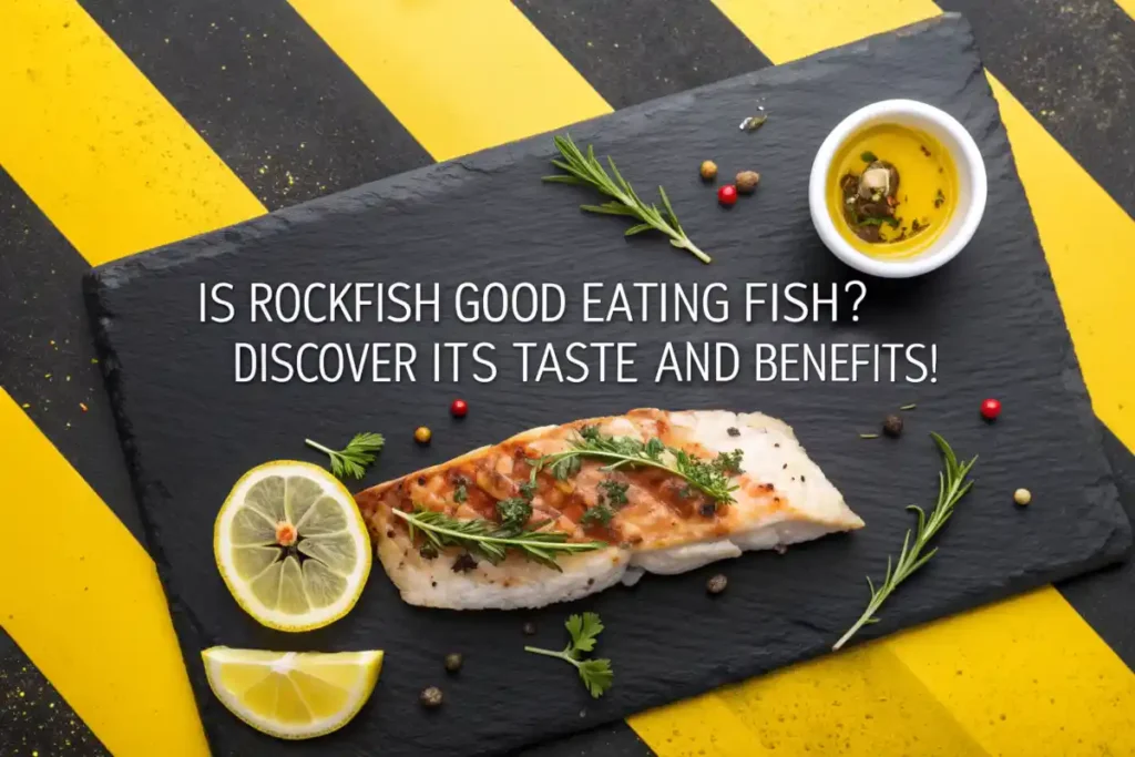 A grilled rockfish fillet garnished with lemon and herbs, showing why rockfish is a good eating fish.