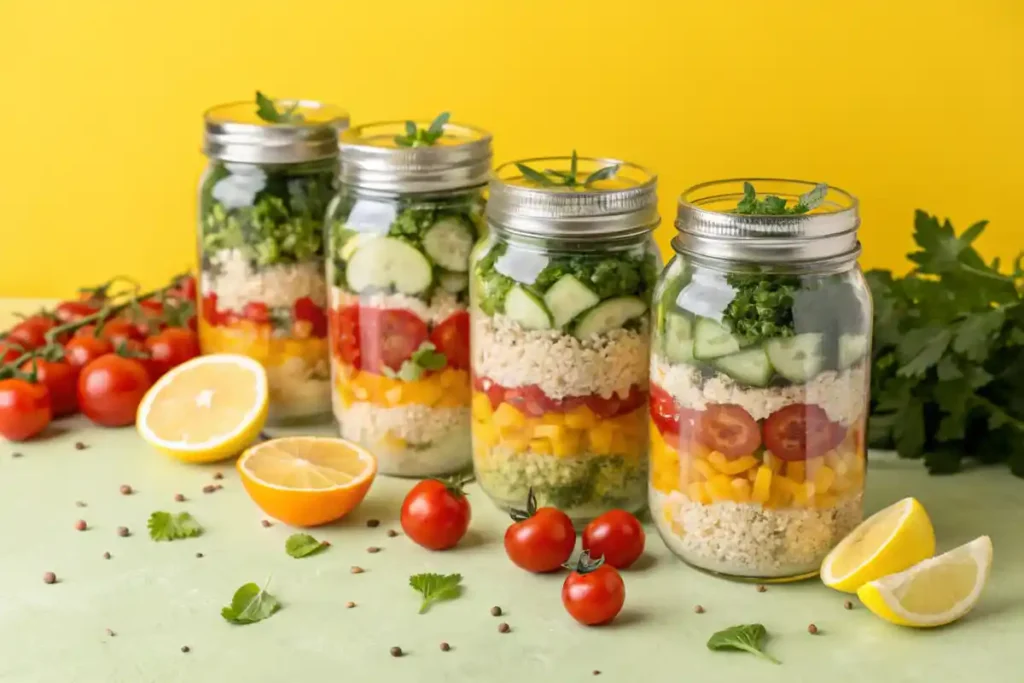 Layered mason jar salads with fresh vegetables and grains on a yellow background