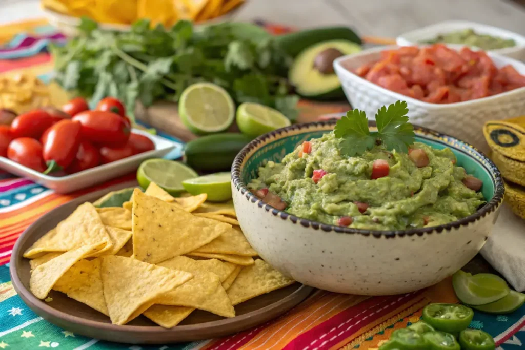 A bowl  sits on a colorful tablecloth next to tortilla chips and ingredients.