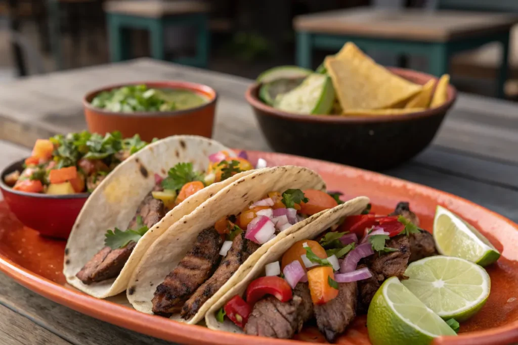 Three tacos filled with grilled meat and toppings are served on an orange platter alongside lime wedges and small bowls of toppings.