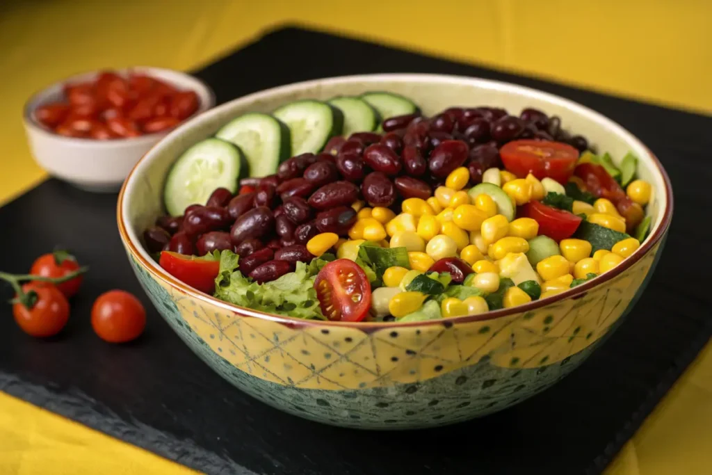A colorful salad with kidney beans, corn, cucumber, and cherry tomatoes is served in a bowl.