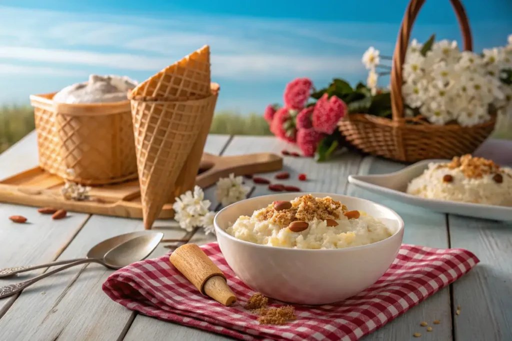 A bowl of rice pudding topped with nuts and cookie crumbs sits on a table next to ice cream cones, flowers, and a basket.