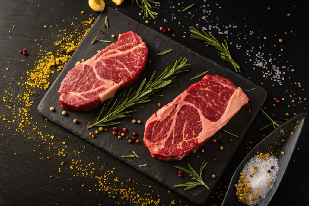 Two raw ribeye steaks on a black slate cutting board are seasoned with rosemary and spices.