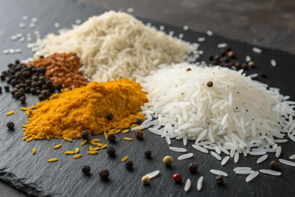 Long-grain basmati rice with golden hues and short-grain white rice scattered on a dark surface with spices.