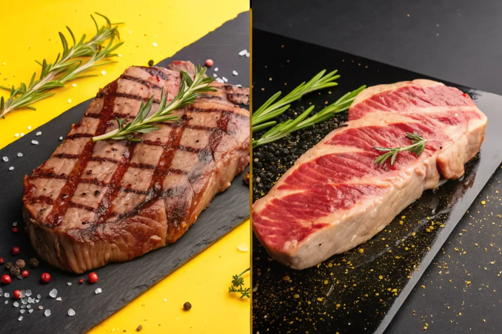 Two images of steak, one cooked and one raw, are presented side by side.