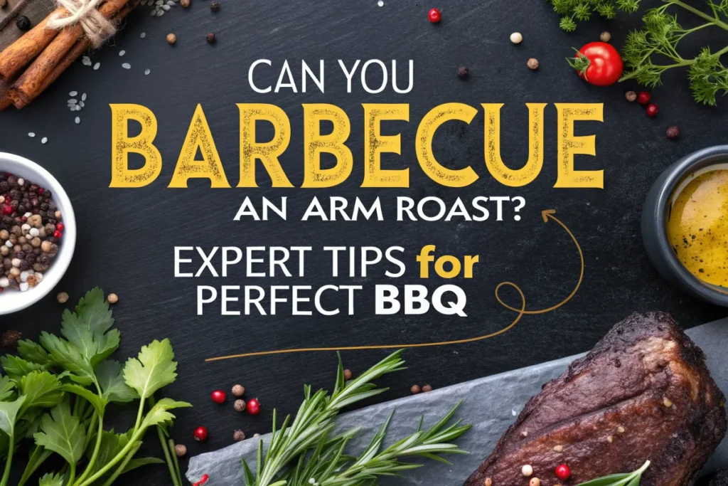 Can You Barbecue an Arm Roast? : A seasoned piece of barbecued arm roast is presented alongside fresh herbs and spices, with text overlay reading "Can you barbecue an arm roast? Expert tips for perfect BBQ".