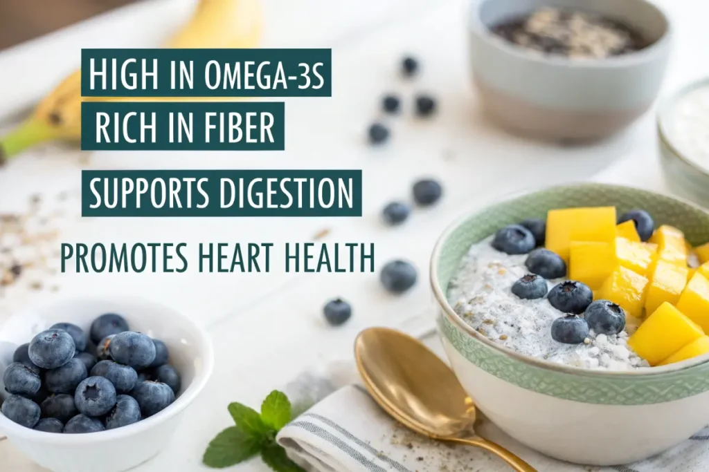 A bowl of chia seed pudding topped with mango and blueberries sits on a table with text overlay describing the health benefits of chia seeds.