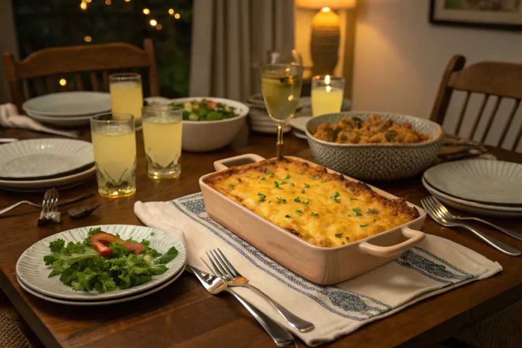 A cheesy casserole sits on a dinner table, surrounded by plates, drinks, and side dishes.