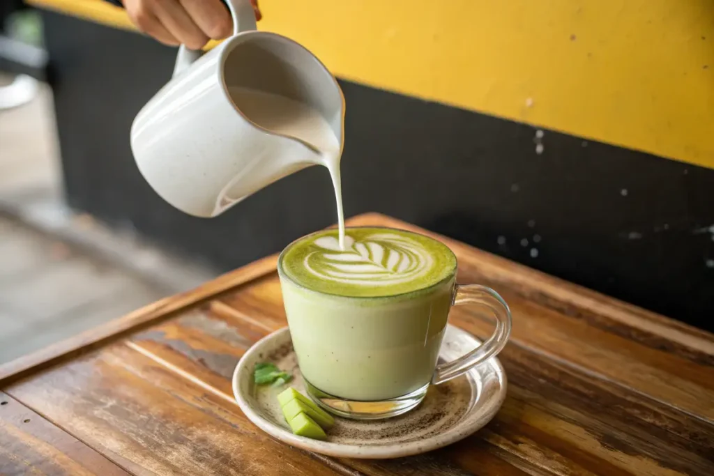 A hand pours milk from a white pitcher into a glass mug of 