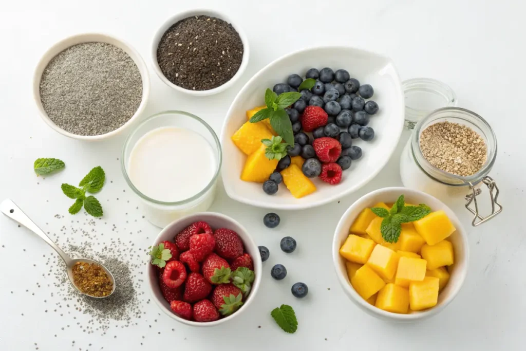 A flat lay of ingredients for a healthy breakfast, including fruit, chia seeds, and milk.