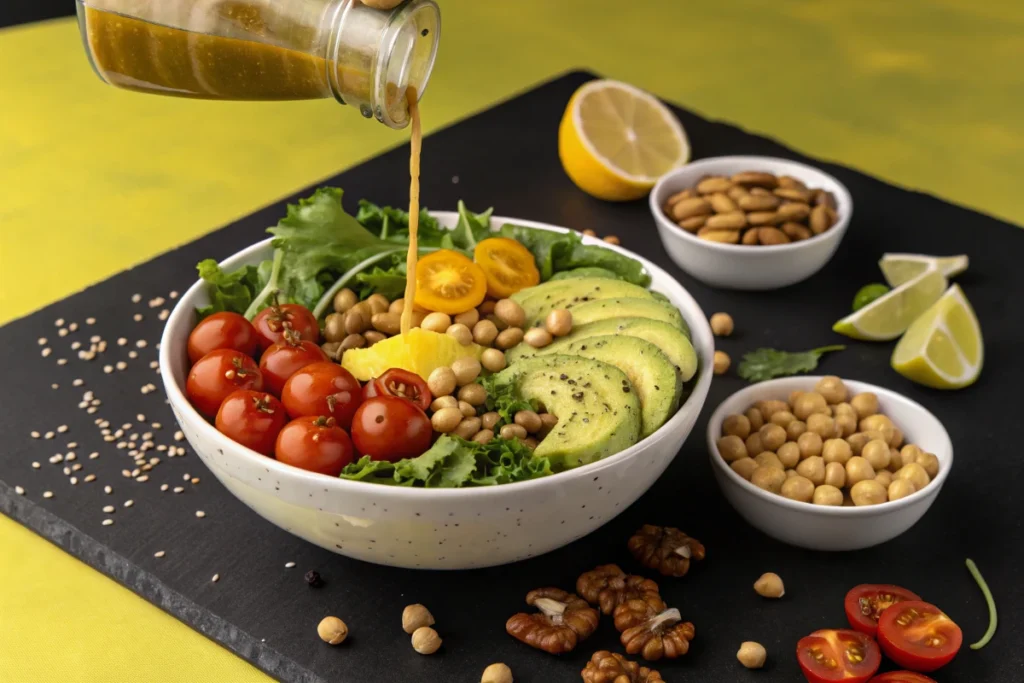 A vibrant salad with cherry tomatoes, avocado, beans, and lettuce is being dressed with a vinaigrette.