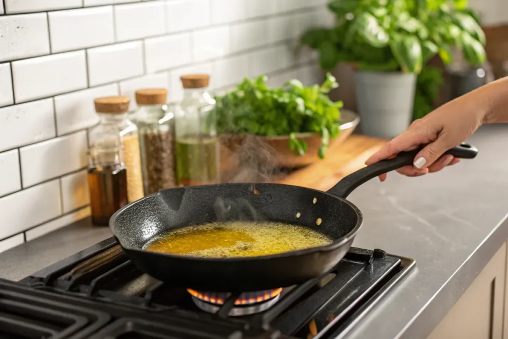 A hand holds a skillet with melted butter over a lit gas stove.