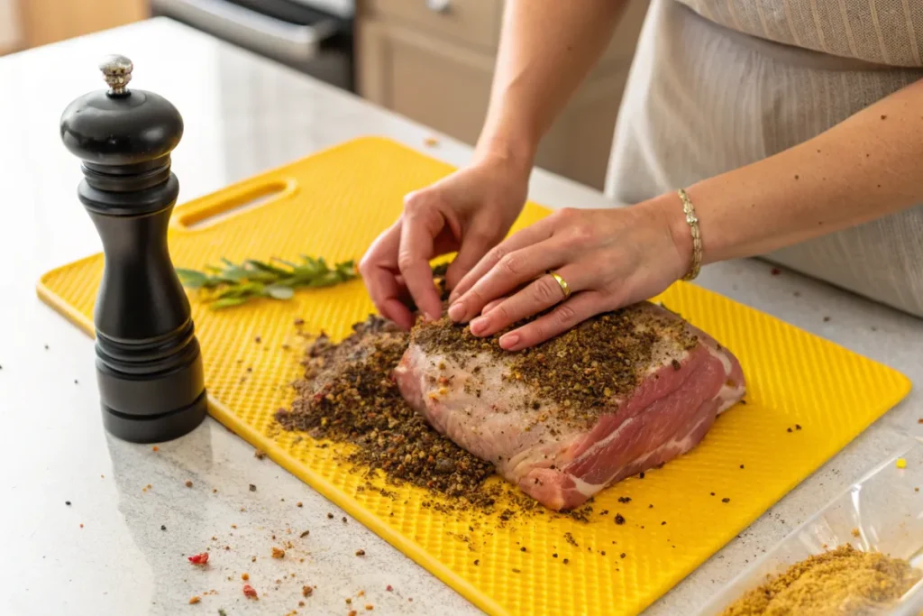 A person rubs a spice mix onto a raw Arm Roast loin on a yellow cutting board.