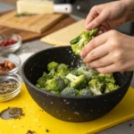 Hands sprinkle seasoning on fresh broccoli florets in a black bowl.