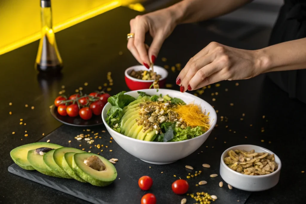 A person adds spices to a salad with avocado, greens, and other toppings.