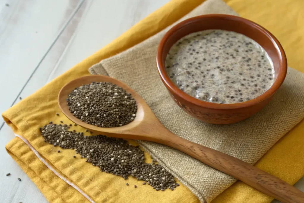  Chia pudding and microbiome and chia seed pudding are displayed on a wooden spoon and in a small brown bowl, resting on a yellow and tan napkin.