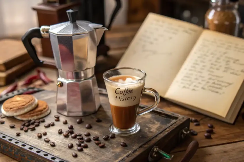 Caramel macchiato beside an espresso machine and a coffee history book
