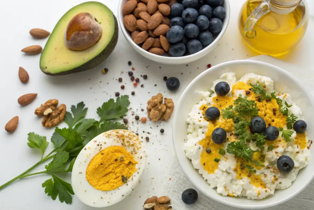 A table is covered with healthy foods including cottage cheese with turmeric, blueberries, a boiled egg, avocado, almonds, and walnuts.