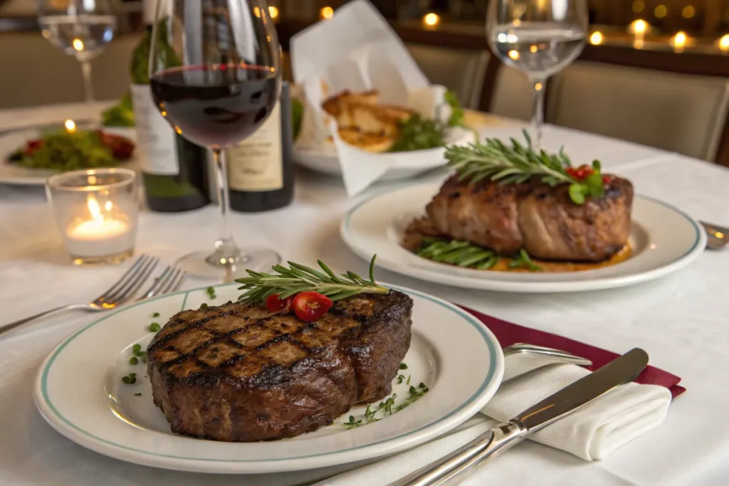 Two grilled steaks are served on separate plates on a table with silverware, glasses, and candles.