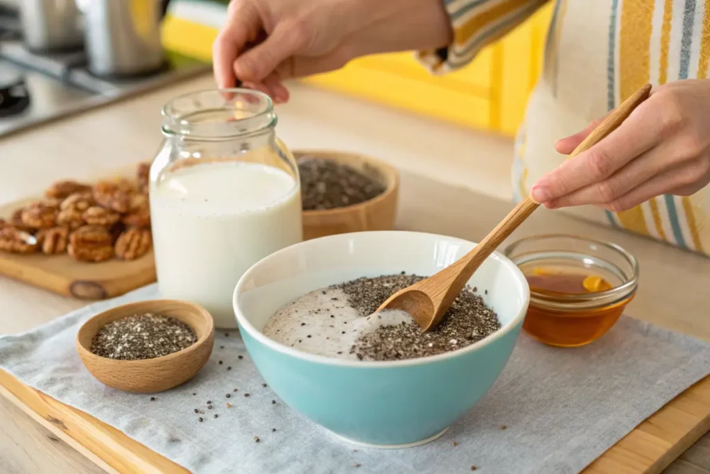 A person adds chia seeds to yogurt in a bowl while preparing a healthy breakfast.