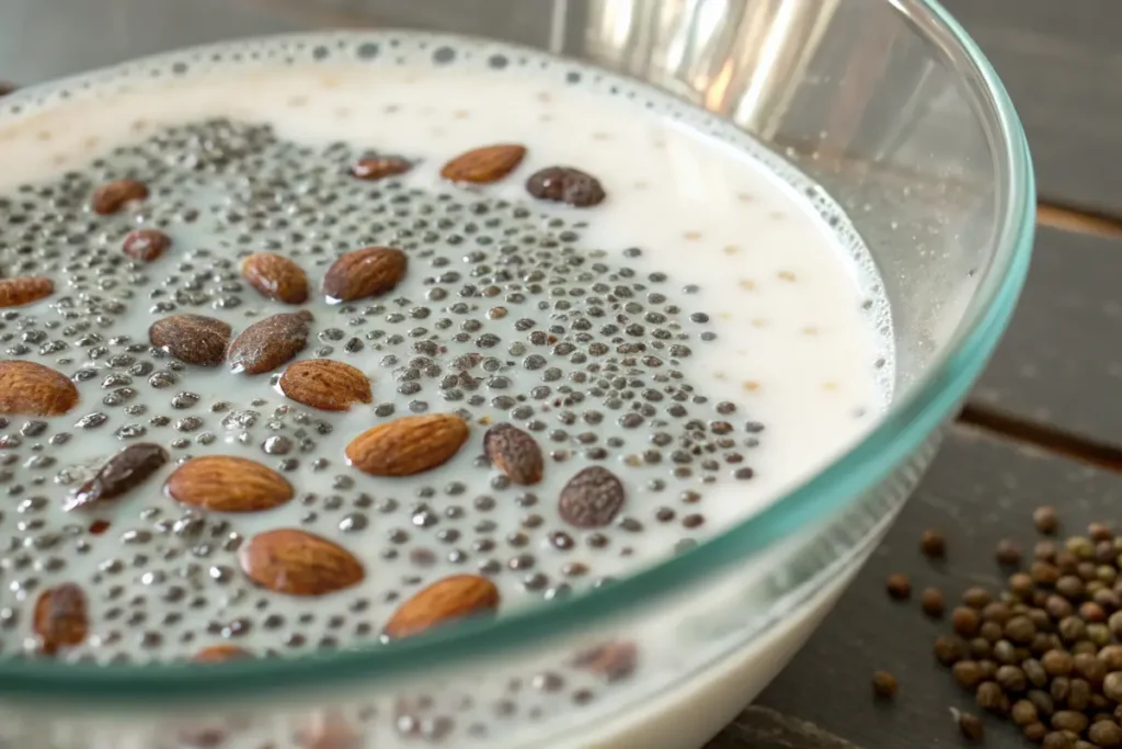 A glass bowl contains chia seed pudding topped with almonds.