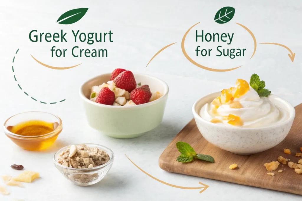 A bowl of Greek yogurt topped with honey and candied fruit is shown with text overlay suggesting healthy ingredient substitutions.