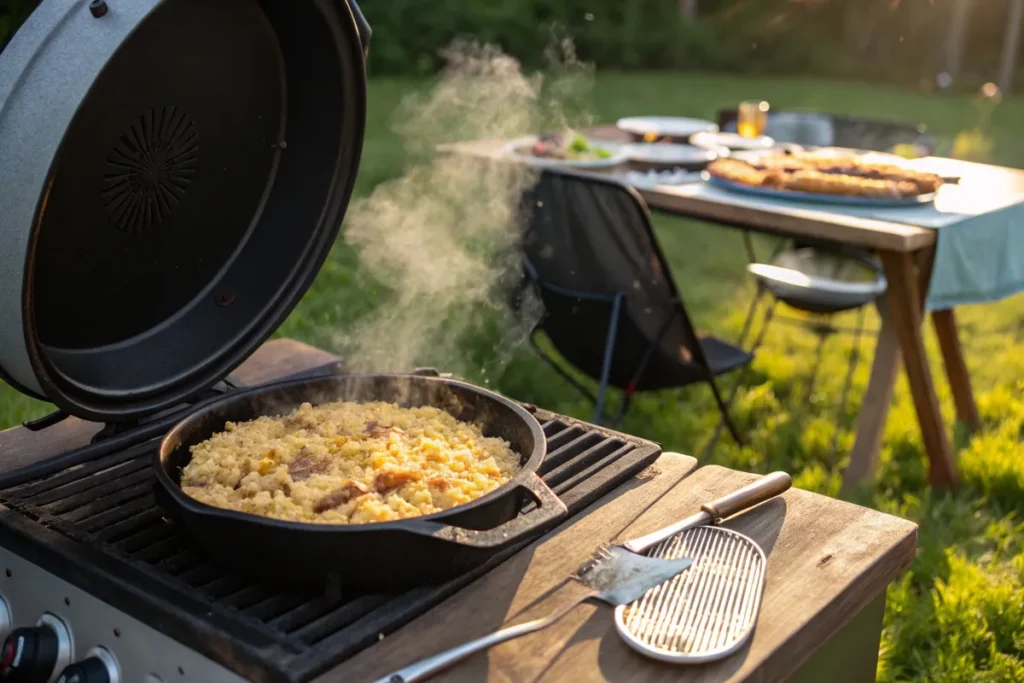 A steaming skillet of Smoked Mac and Cheese cooks on an outdoor grill.