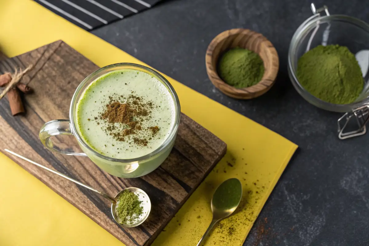 A mug of matcha latte topped with cinnamon powder sits on a wooden board.