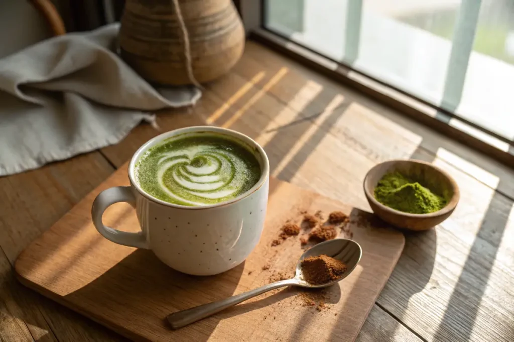 A mug of matcha latte with latte art sits on a wooden board next to matcha powder and cinnamon.