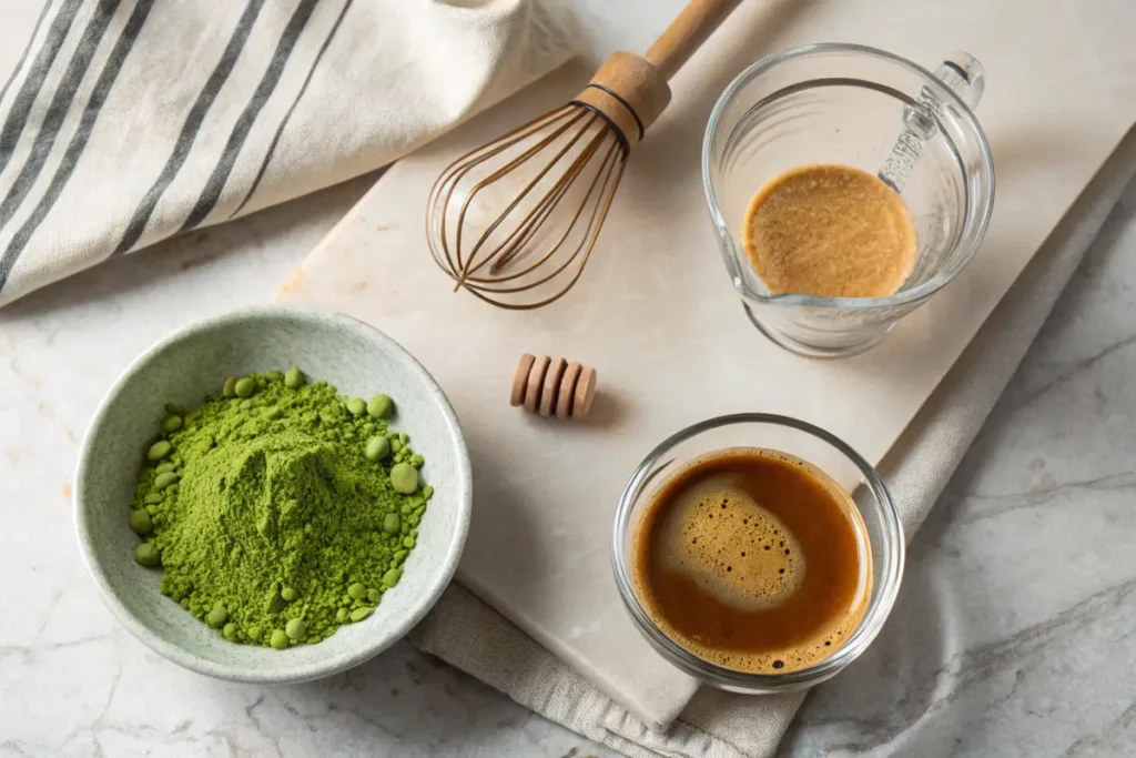 Matcha powder, honey, espresso, and a whisk are arranged on a marble surface.