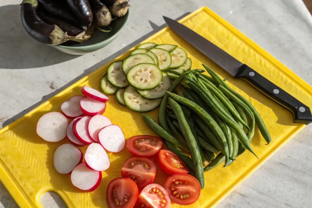 Sliced radishes, tomatoes, cucumbers, and green beans sit on a yellow cutting board alongside a knife.