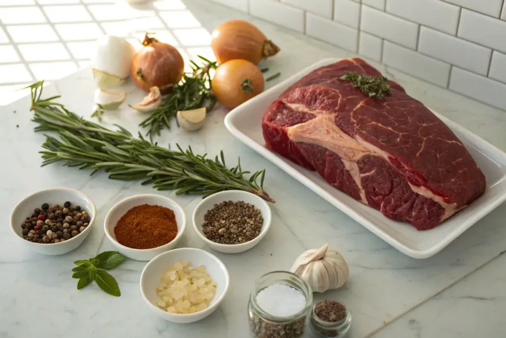 All Fresh Ingredients for a Perfect Arm Roast Arranged Neatly on a Kitchen Counter