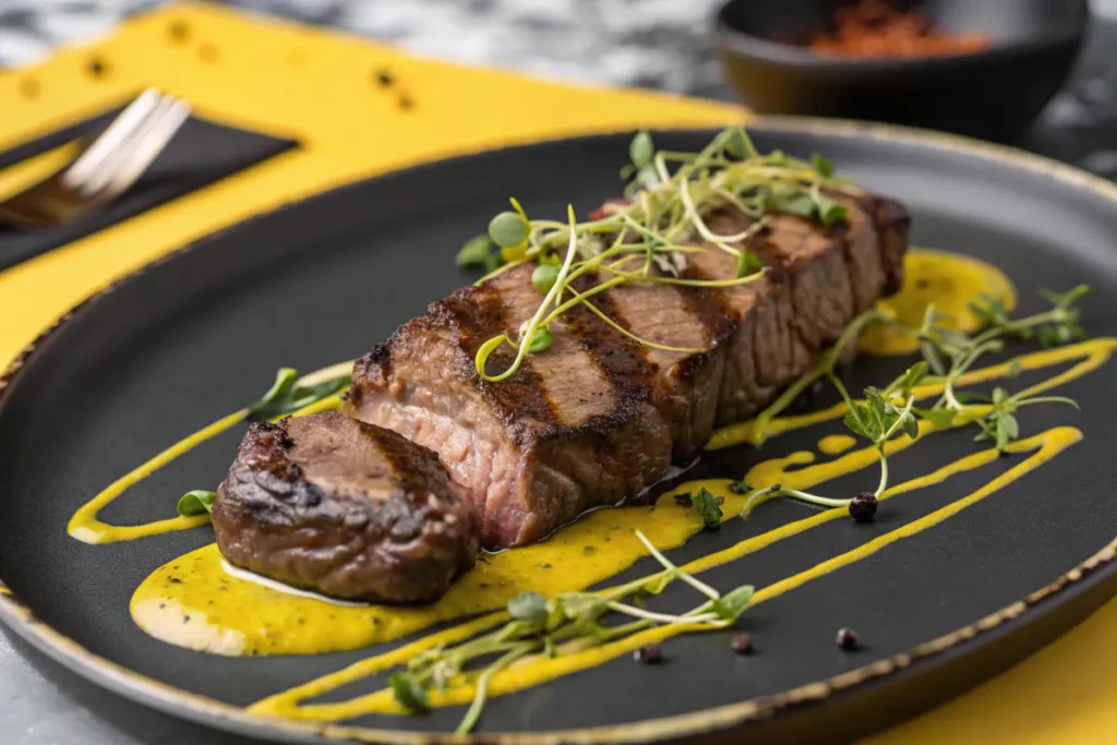 Grilled beef sliced and plated with a yellow sauce and garnished with microgreens.